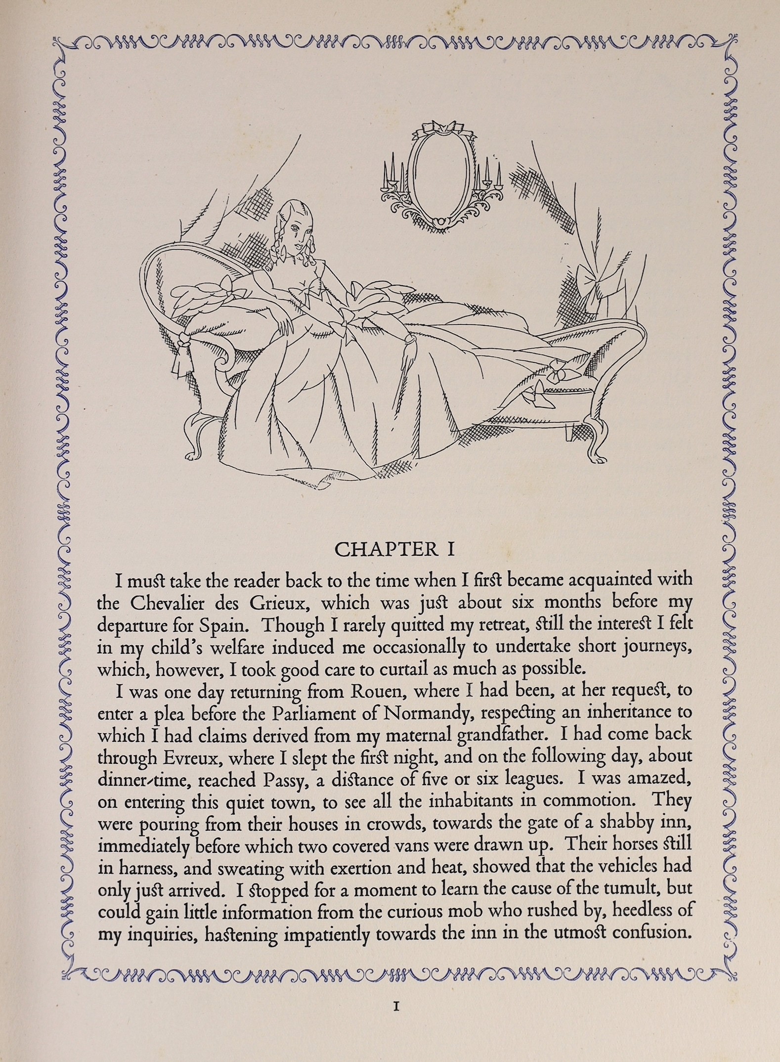 Prevost d’Exiles, Antoine Francois - Manon Lescaut, one of 500, illustrated and signed by John Austen, original half vellum, with 12 colour plates, Geoffrey Bles, London, 1928